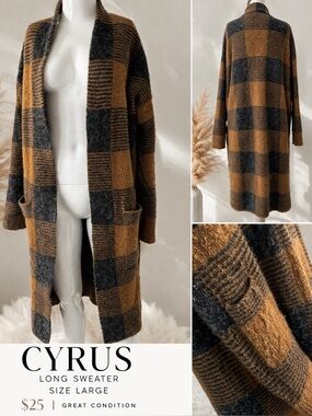 Cyrus Long Cardigan Sweater Size Large Brown Black Check Cozy Open Front